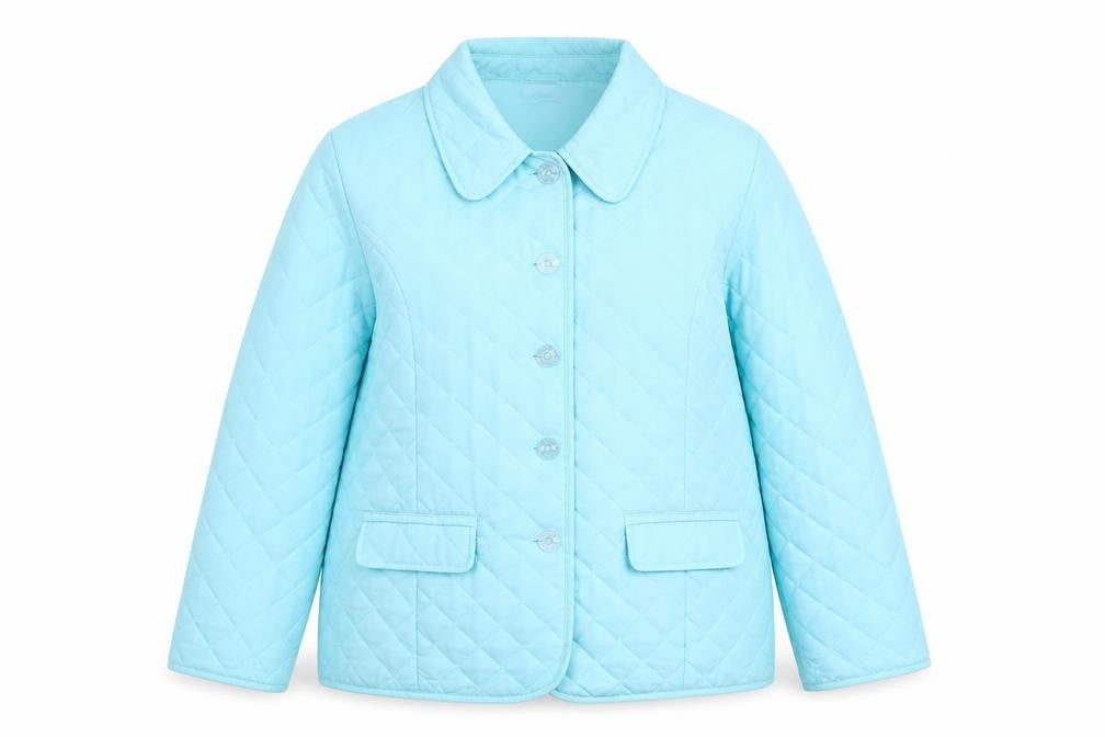 Front view of Weekend Ideas women’s blue quilted jacket, size UK 16, button