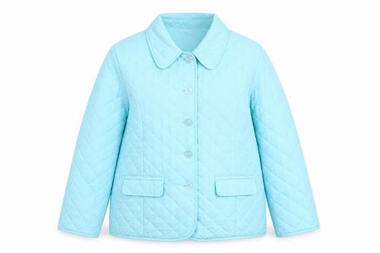Front view of Weekend Ideas women’s blue quilted jacket, size UK 16, button
