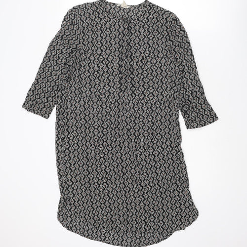 H&M Womens Black Geometric Viscose A-Line Size 8 Round Neck Button
