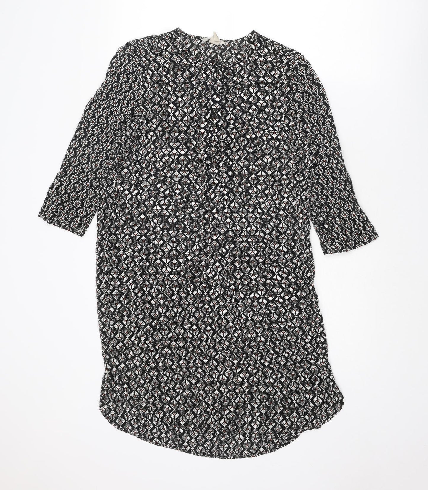 H&M Womens Black Geometric Viscose A-Line Size 8 Round Neck Button