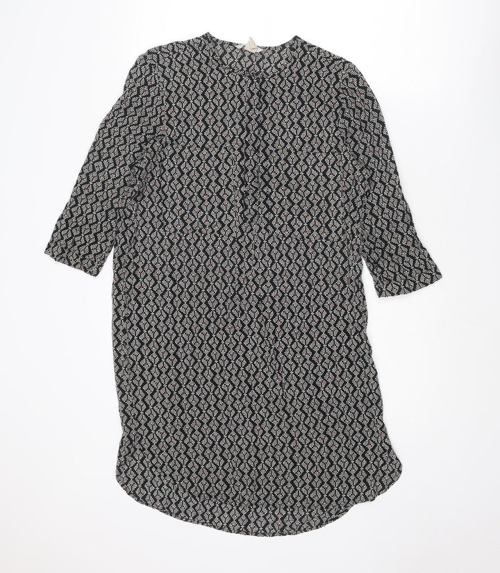 H&M Womens Black Geometric Viscose A-Line Size 8 Round Neck Button