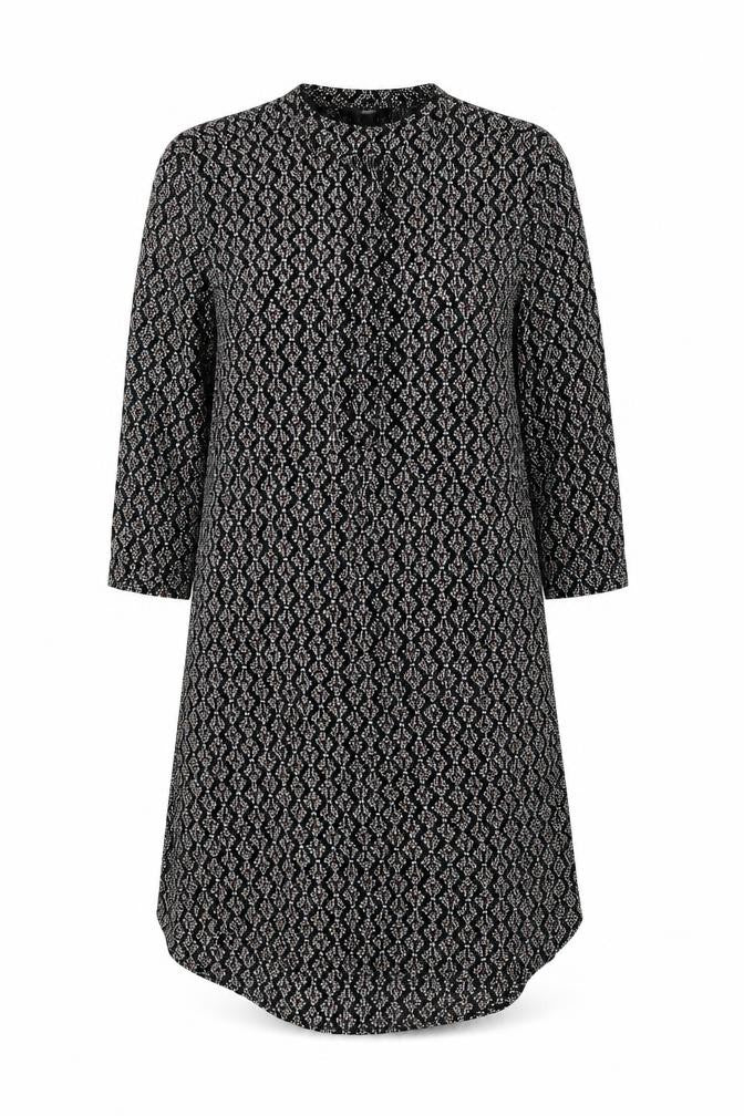 Front view of H&M women’s black geometric viscose a-line, size UK 8, round neck button