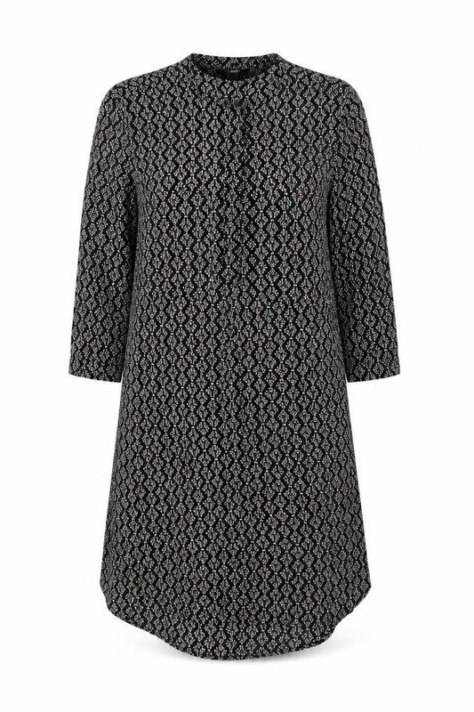 Front view of H&M women’s black geometric viscose a-line, size UK 8, round neck button