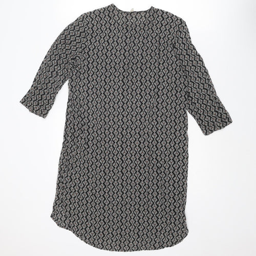 H&M Womens Black Geometric Viscose A-Line Size 8 Round Neck Button