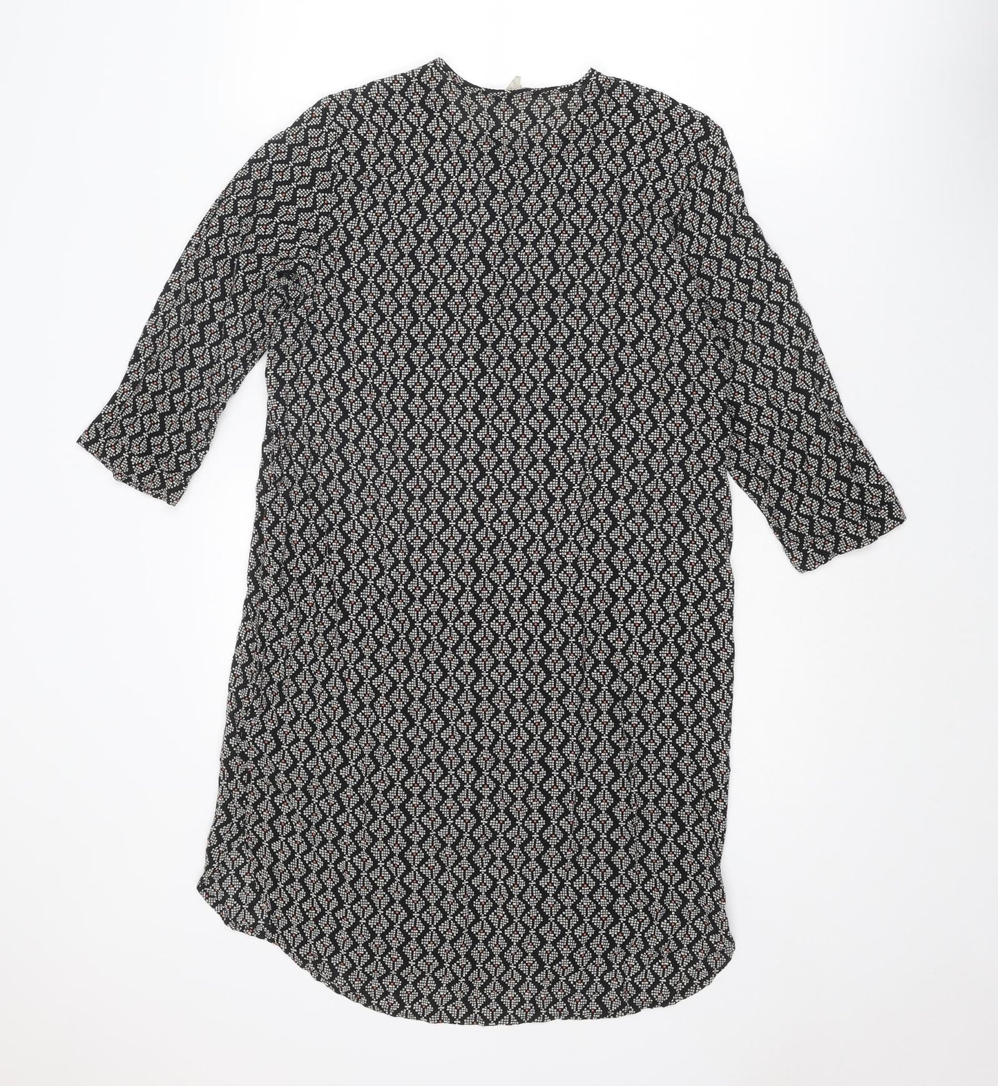 H&M Womens Black Geometric Viscose A-Line Size 8 Round Neck Button