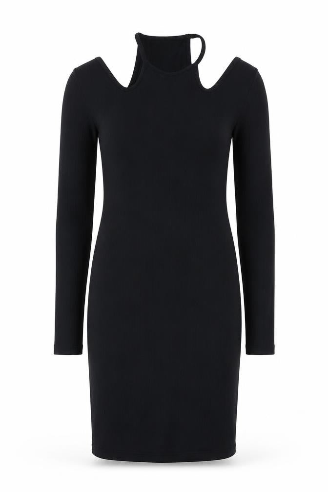 Front view of Fire & Glory women’s black polyester shift, size M, v-neck pullover - cold shoulder