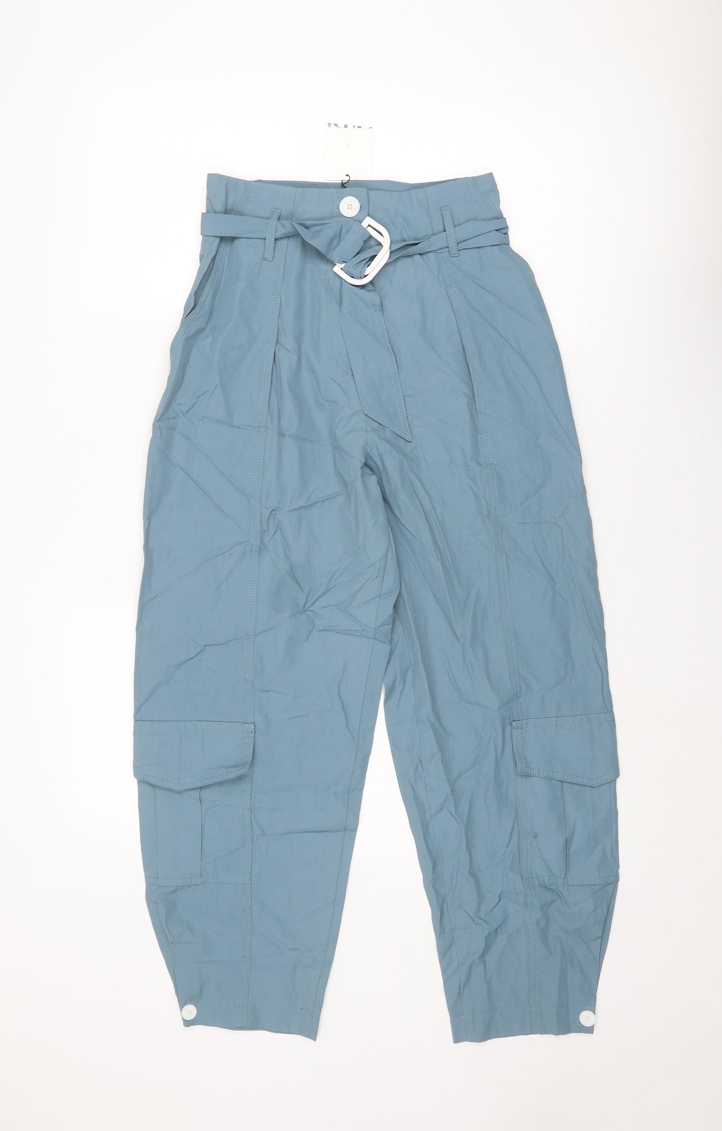 Zara Womens Blue Viscose Cargo Trousers Size XS L26 in Regular Zip
