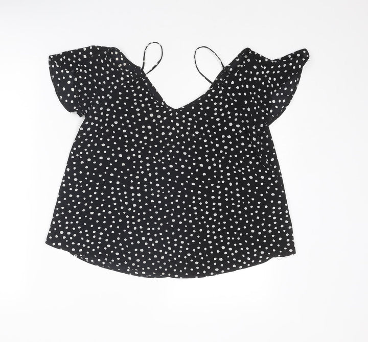 River Island Womens Black Animal Print Polyester Basic Blouse Size 10 V-Neck - Spotted