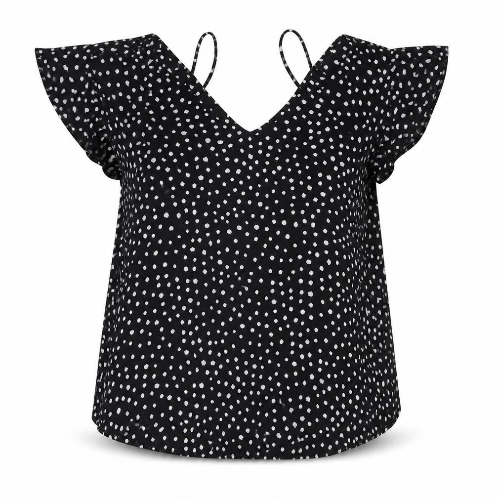 Front view of River Island women’s black animal print polyester basic blouse, size UK 10, v-neck - spotted