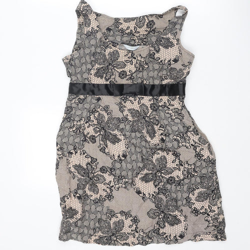 New Look Womens Pink Floral Polyester Pencil Dress Size 12 Boat Neck Zip - Lace Overlay