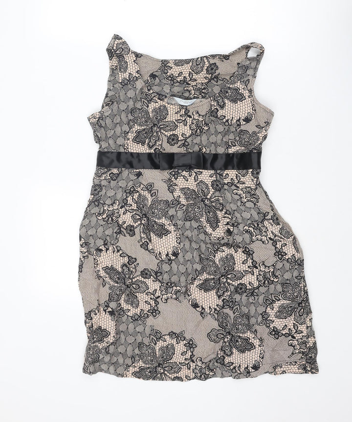 New Look Womens Pink Floral Polyester Pencil Dress Size 12 Boat Neck Zip - Lace Overlay