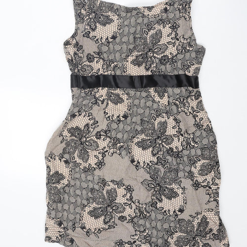 New Look Womens Pink Floral Polyester Pencil Dress Size 12 Boat Neck Zip - Lace Overlay