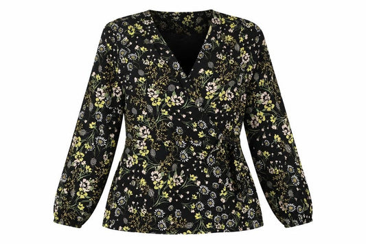 Front view of Wallis women’s multicoloured floral polyester wrap blouse, size UK 12, v-neck