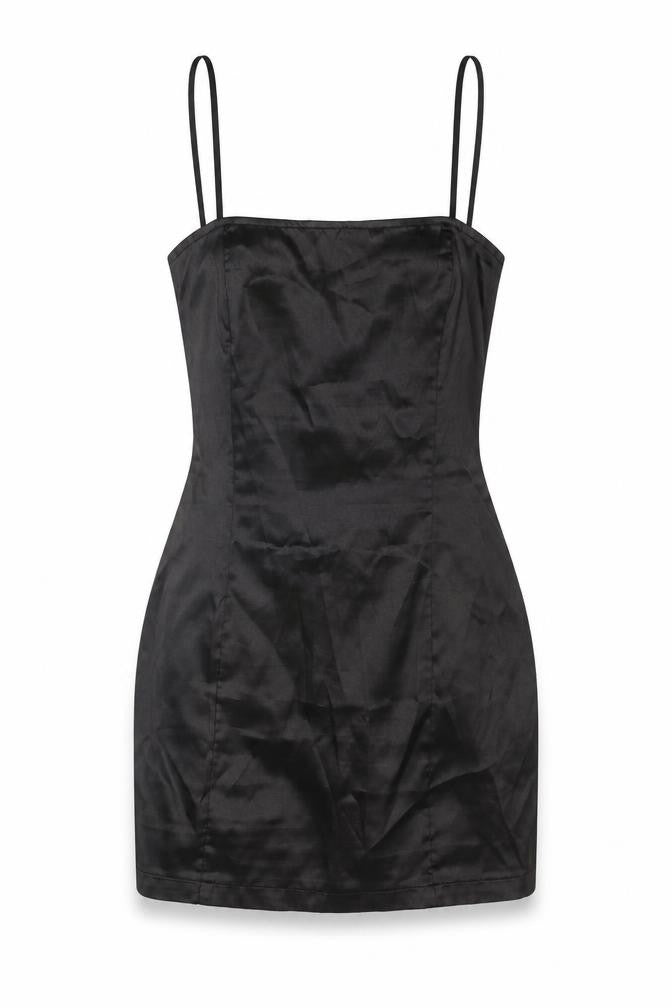 Front view of PRETTYLITTLETHING women’s black polyester mini, size UK 6, square neck zip