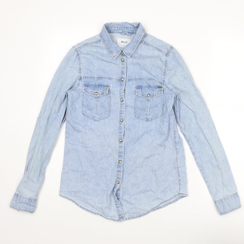 Denim & Co. Womens Blue Cotton Basic Button-Up Size 8 Collared