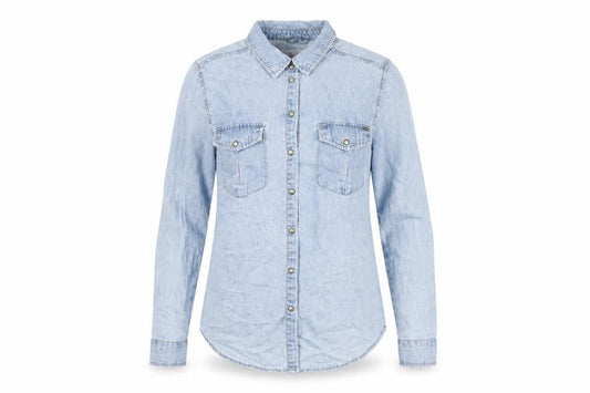 Front view of Denim & Co. women’s blue cotton basic button-up, size UK 8, collared