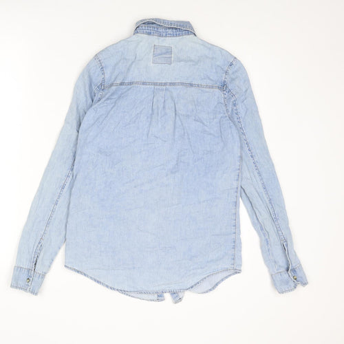 Denim & Co. Womens Blue Cotton Basic Button-Up Size 8 Collared