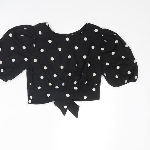 H&M Womens Black Polka Dot Polyester Cropped Blouse Size XS Boat Neck - Tie Back Detail