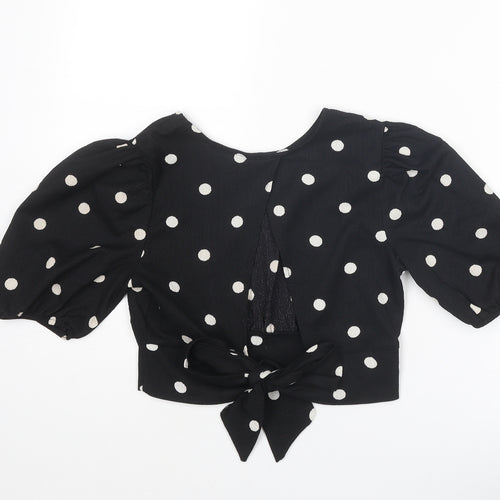 H&M Womens Black Polka Dot Polyester Cropped Blouse Size XS Boat Neck - Tie Back Detail