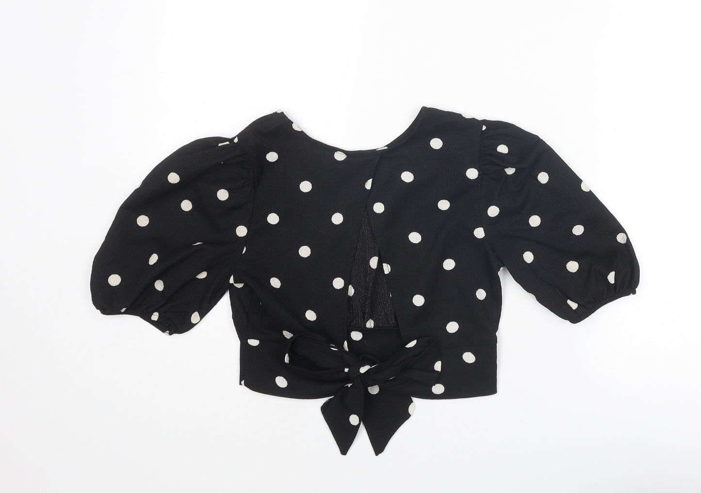 H&M Womens Black Polka Dot Polyester Cropped Blouse Size XS Boat Neck - Tie Back Detail