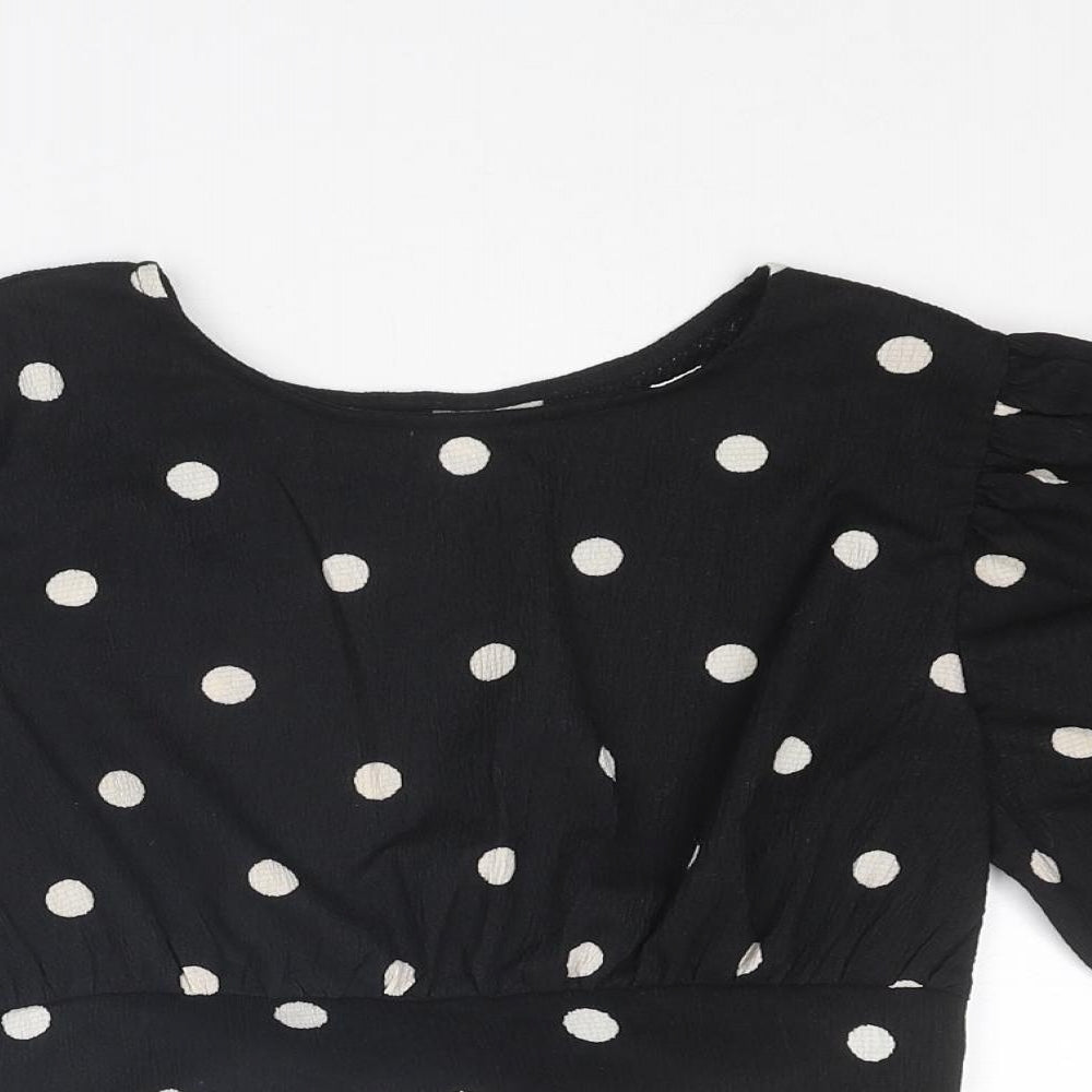 H&M Womens Black Polka Dot Polyester Cropped Blouse Size XS Boat Neck - Tie Back Detail