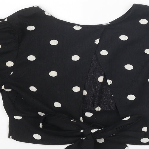 H&M Womens Black Polka Dot Polyester Cropped Blouse Size XS Boat Neck - Tie Back Detail