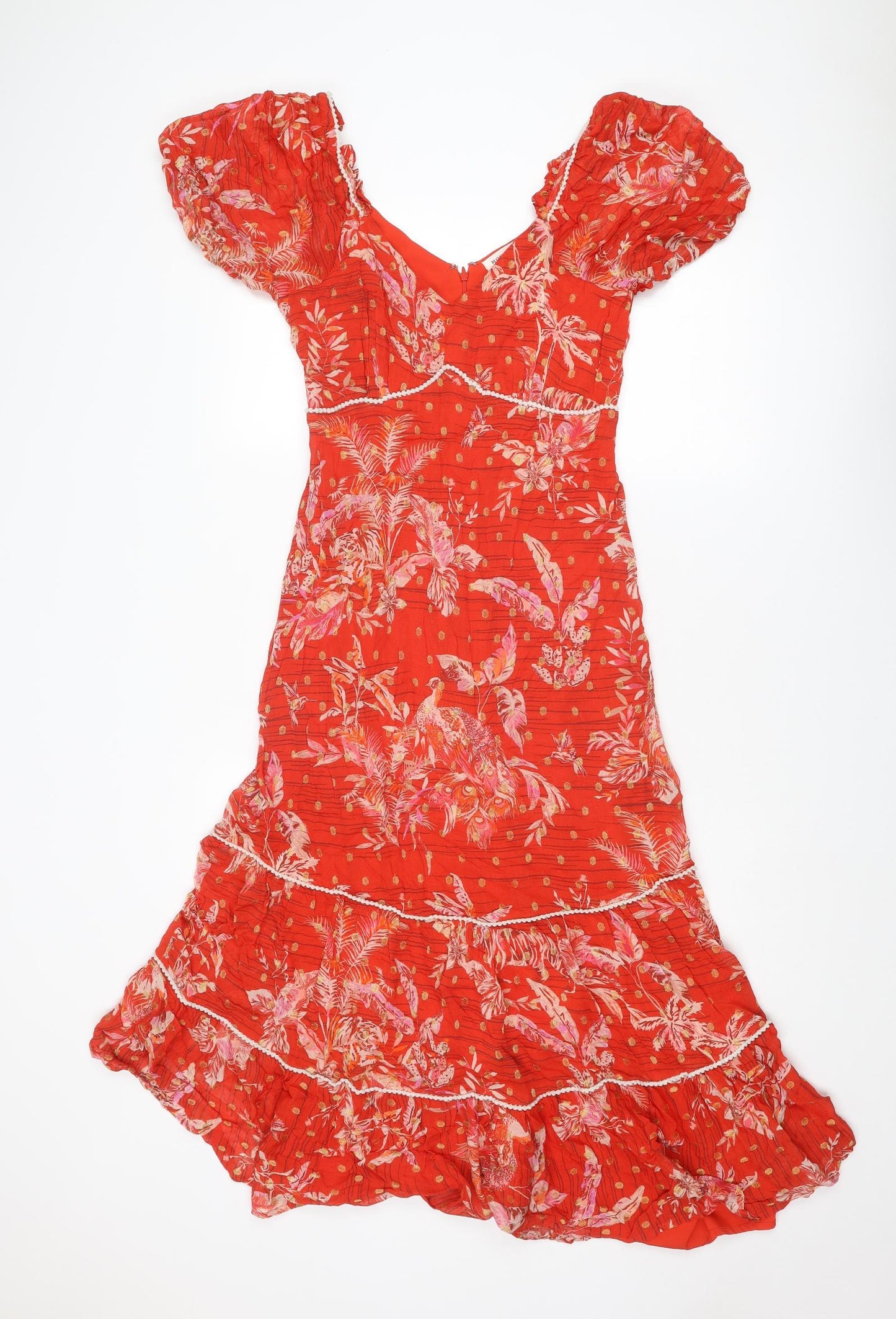 Monsoon Womens Red Geometric Polyester A-Line Size 8 V-Neck Zip