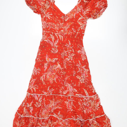 Monsoon Womens Red Geometric Polyester A-Line Size 8 V-Neck Zip