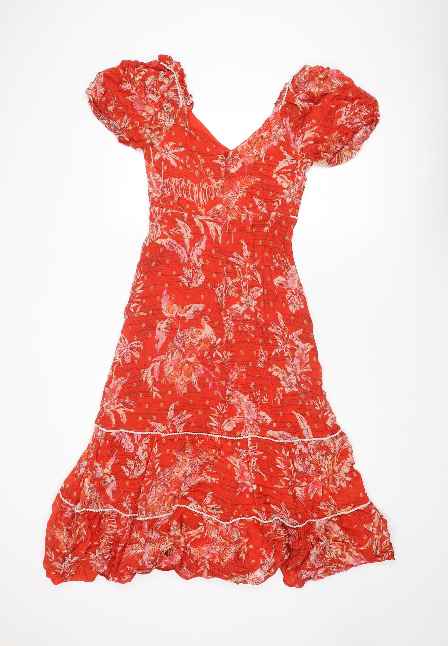 Monsoon Womens Red Geometric Polyester A-Line Size 8 V-Neck Zip