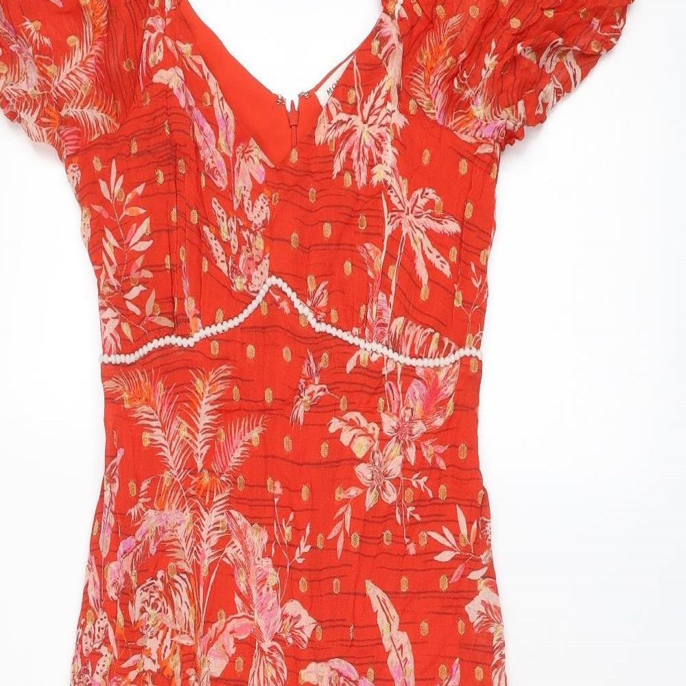Monsoon Womens Red Geometric Polyester A-Line Size 8 V-Neck Zip