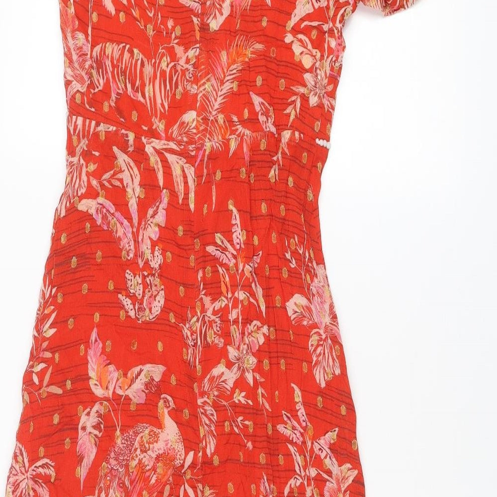 Monsoon Womens Red Geometric Polyester A-Line Size 8 V-Neck Zip
