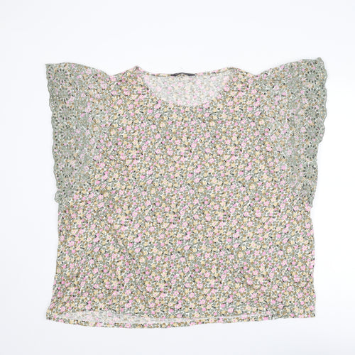 Marks and Spencer Womens Multicoloured Floral Cotton Basic Blouse Size 24 Round Neck - Broderie Anglaise
