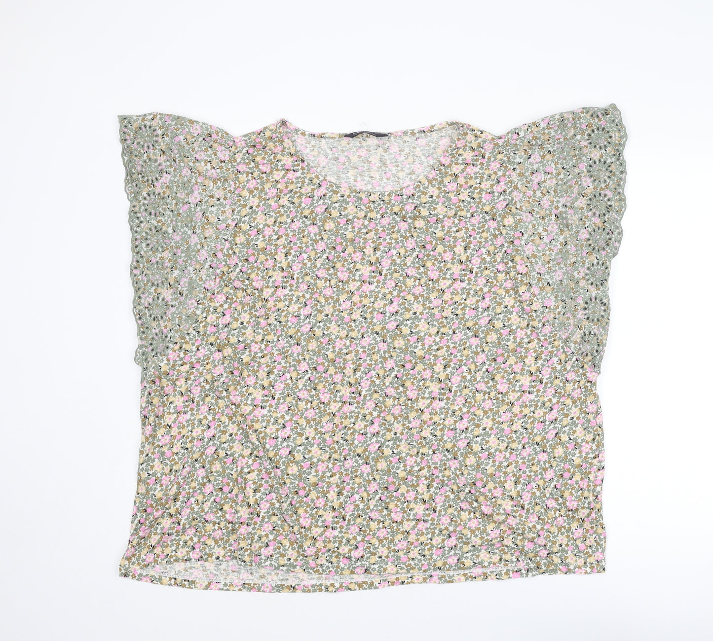 Marks and Spencer Womens Multicoloured Floral Cotton Basic Blouse Size 24 Round Neck - Broderie Anglaise