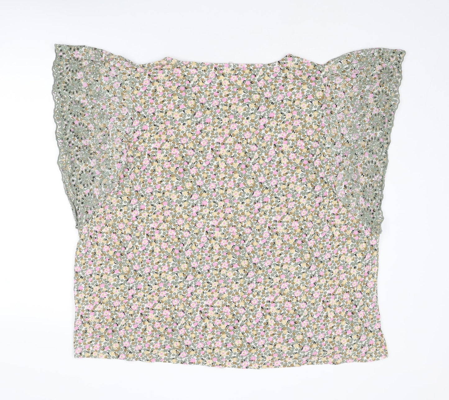 Marks and Spencer Womens Multicoloured Floral Cotton Basic Blouse Size 24 Round Neck - Broderie Anglaise
