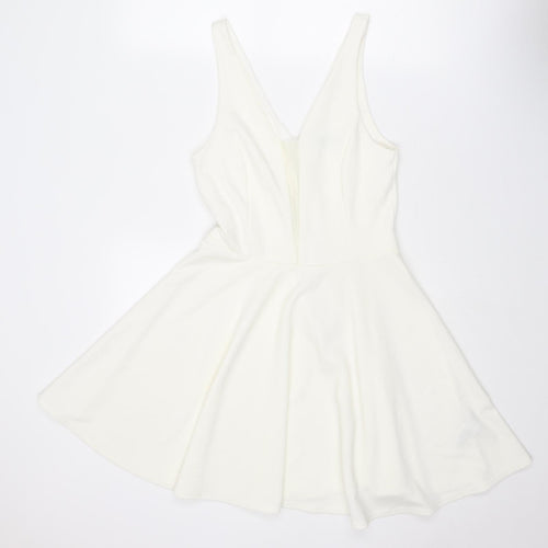 New Look Womens Ivory Polyester Skater Dress Size 12 V-Neck Zip