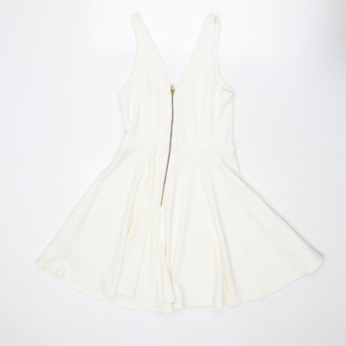 New Look Womens Ivory Polyester Skater Dress Size 12 V-Neck Zip