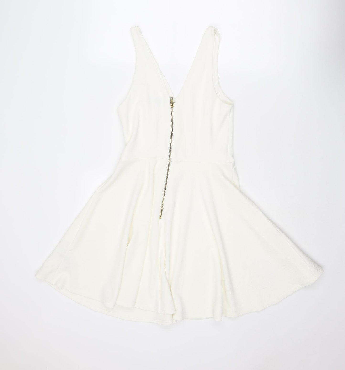 New Look Womens Ivory Polyester Skater Dress Size 12 V-Neck Zip