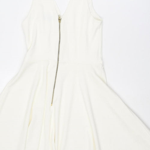 New Look Womens Ivory Polyester Skater Dress Size 12 V-Neck Zip
