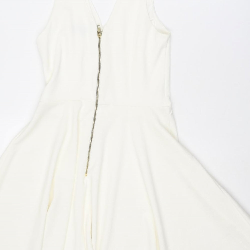 New Look Womens Ivory Polyester Skater Dress Size 12 V-Neck Zip