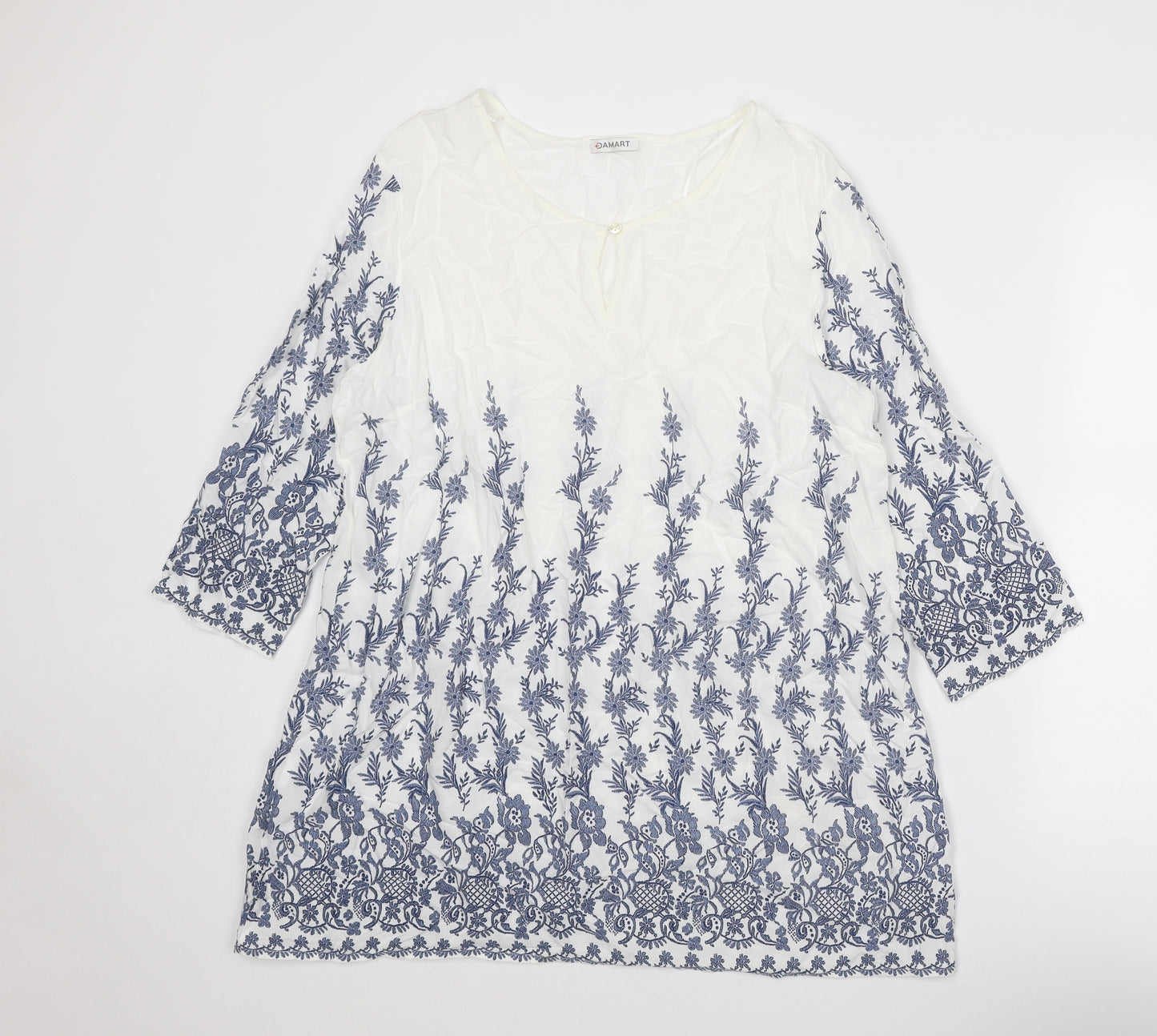 Damart Womens Blue Floral Viscose A-Line Size 16 Round Neck Button