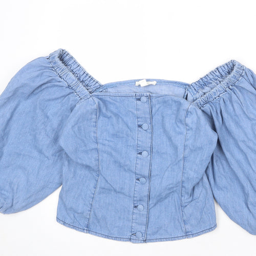 H&M Womens Blue 100% Cotton Basic Button-Up Size M Off the Shoulder - Voluminous Sleeves