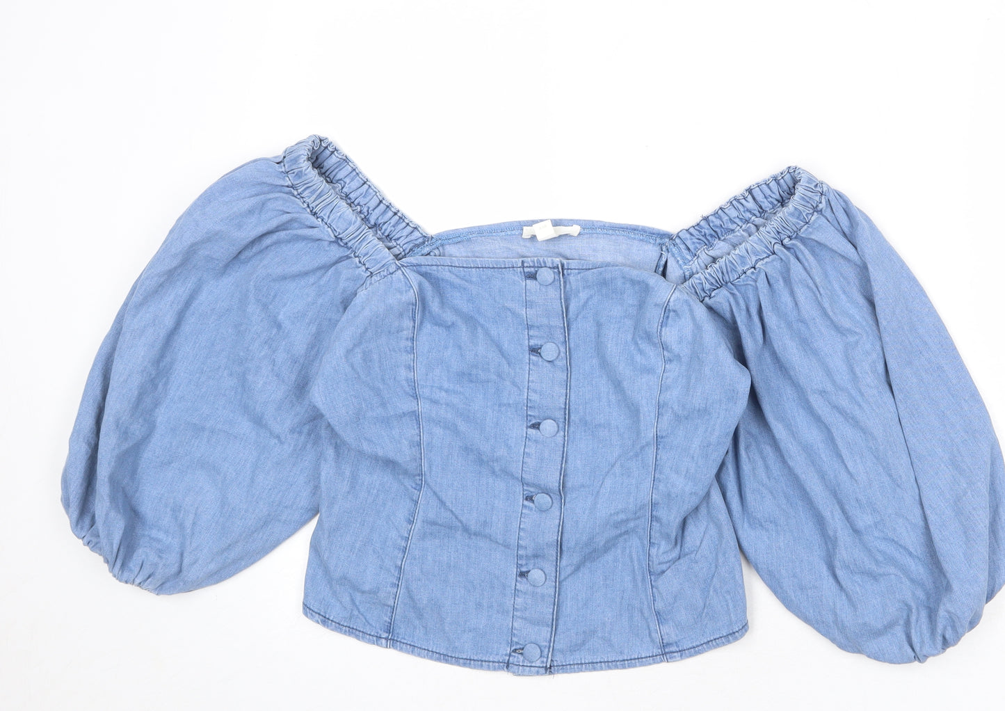 H&M Womens Blue 100% Cotton Basic Button-Up Size M Off the Shoulder - Voluminous Sleeves