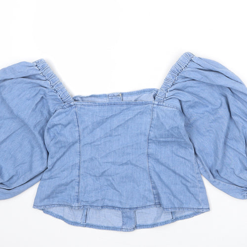H&M Womens Blue 100% Cotton Basic Button-Up Size M Off the Shoulder - Voluminous Sleeves