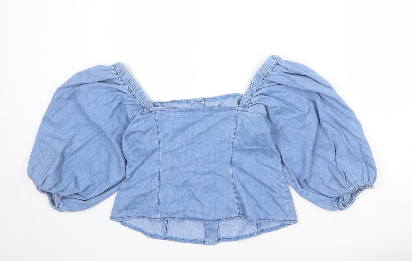 H&M Womens Blue 100% Cotton Basic Button-Up Size M Off the Shoulder - Voluminous Sleeves