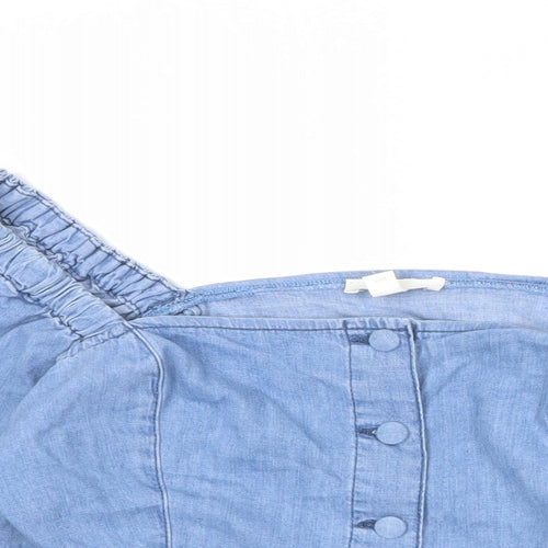 H&M Womens Blue 100% Cotton Basic Button-Up Size M Off the Shoulder - Voluminous Sleeves
