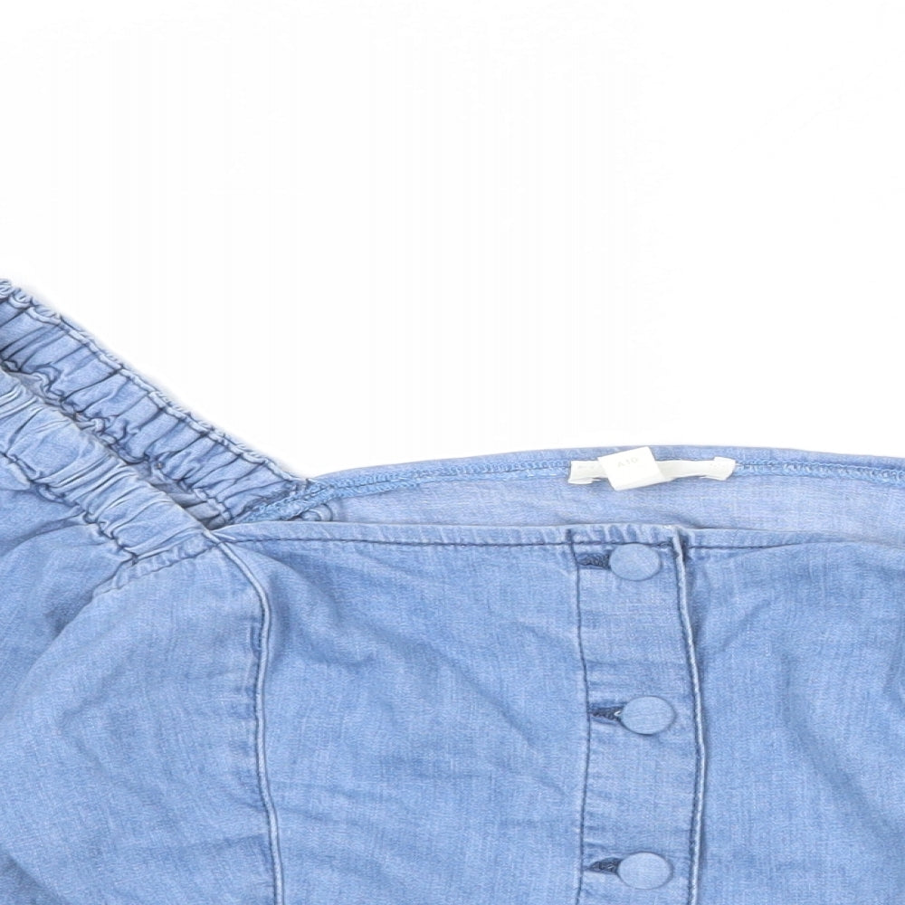 H&M Womens Blue 100% Cotton Basic Button-Up Size M Off the Shoulder - Voluminous Sleeves