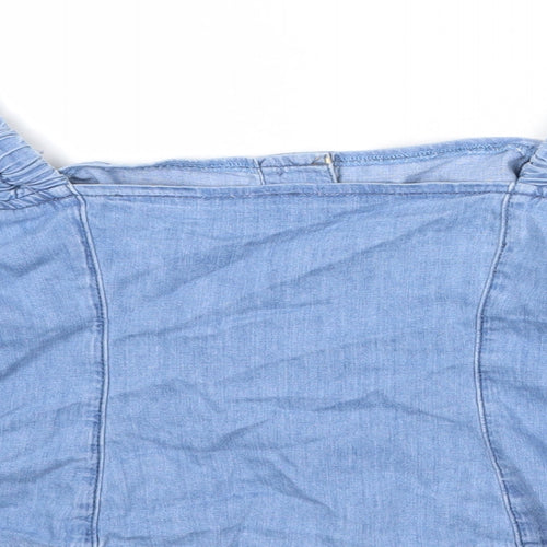 H&M Womens Blue 100% Cotton Basic Button-Up Size M Off the Shoulder - Voluminous Sleeves