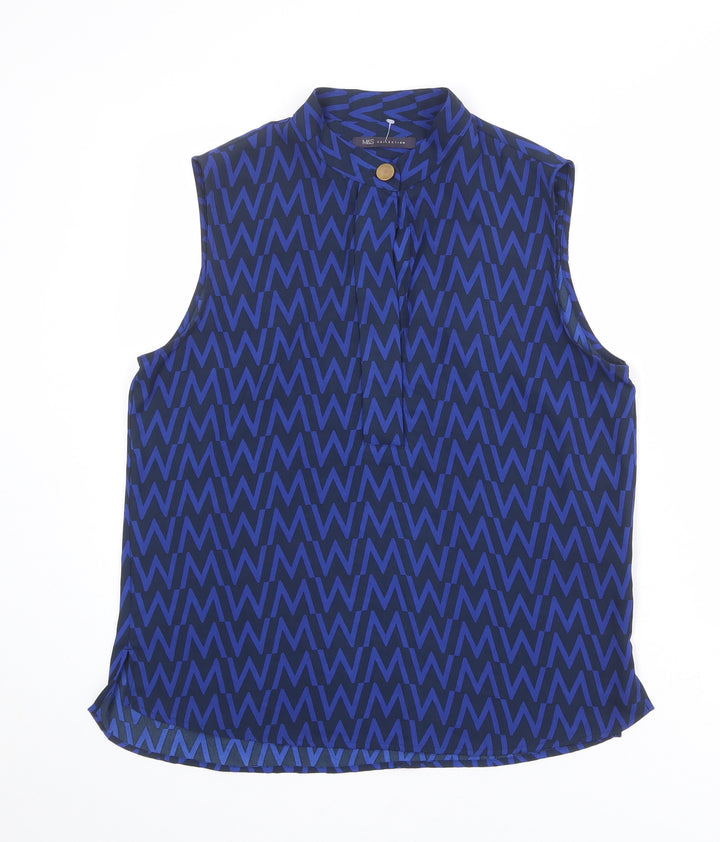 Marks and Spencer Womens Blue Geometric Polyester Basic Blouse Size 12 Round Neck