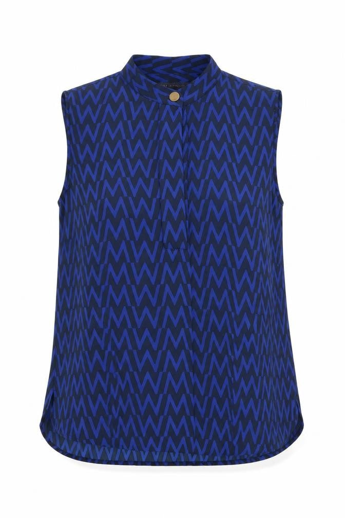 Front view of Marks & Spencer women’s blue geometric polyester basic blouse, size UK 12, round neck