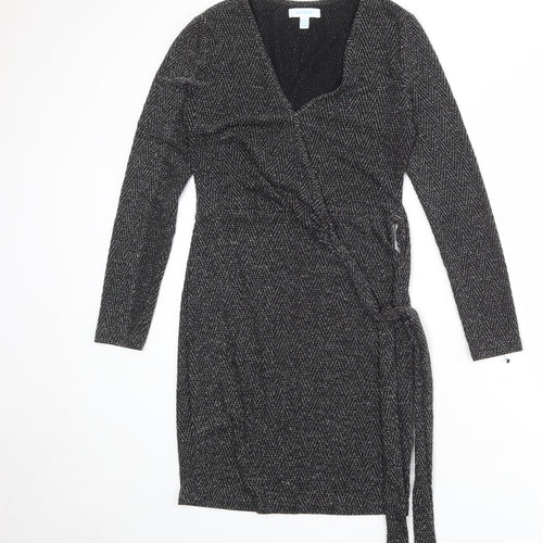 Blue Vanilla Womens Black Geometric Nylon Wrap Dress Size 10 V-Neck Tie